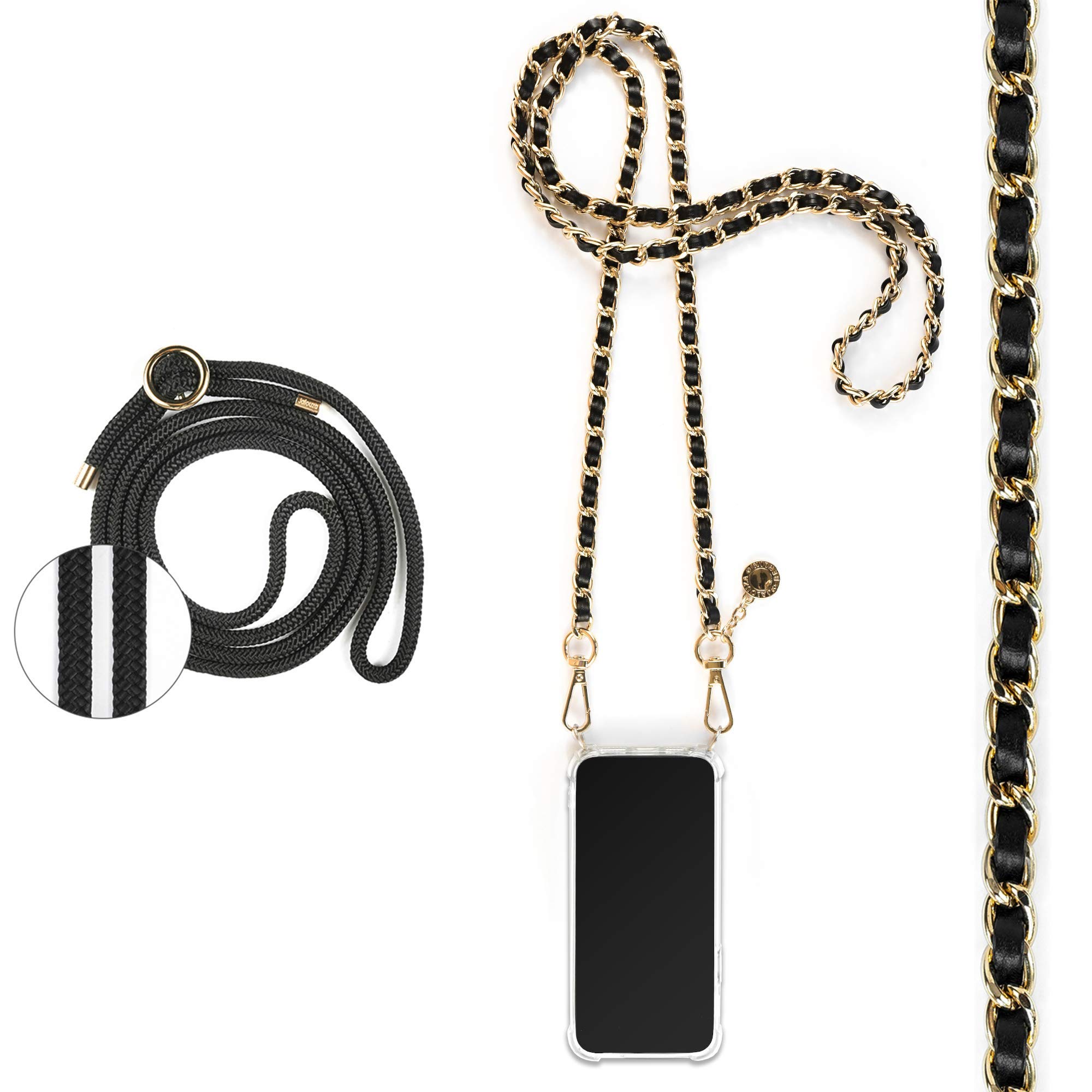 Jalouza Mobile Phone Chain Compatible with Huawei P30, Metal Chain with Mobile Phone Case for Hanging + Black Cord as Replacement Strap, Designed in Berlin