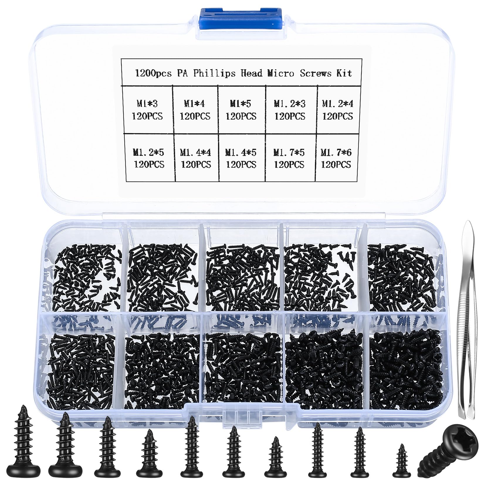 1200 Pcs Small Self Tapping Screws, M1 M1.2 M1.4 M1.7 Phillips Pan Head ScrewsCarbon steel micro screw set, Mini Wood Screws Assortment Set for Sunglasses Phone Spectacle Screw