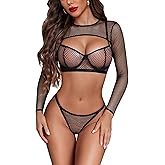 Avidlove Sexy Lingerie Set Rave Outfits For Women Fishnet Long Sleeve Crop Top Sheer Bra and Panty 3 Piece
