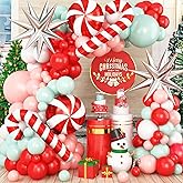 138 PCS Christmas Balloon Arch Kit, Pink Green Red White Balloon Garland Kit with Xmas Candy Cane Explosion Star Candy Foil Balloons Perfect for Christmas Holiday New Year Birthday Party Decorations
