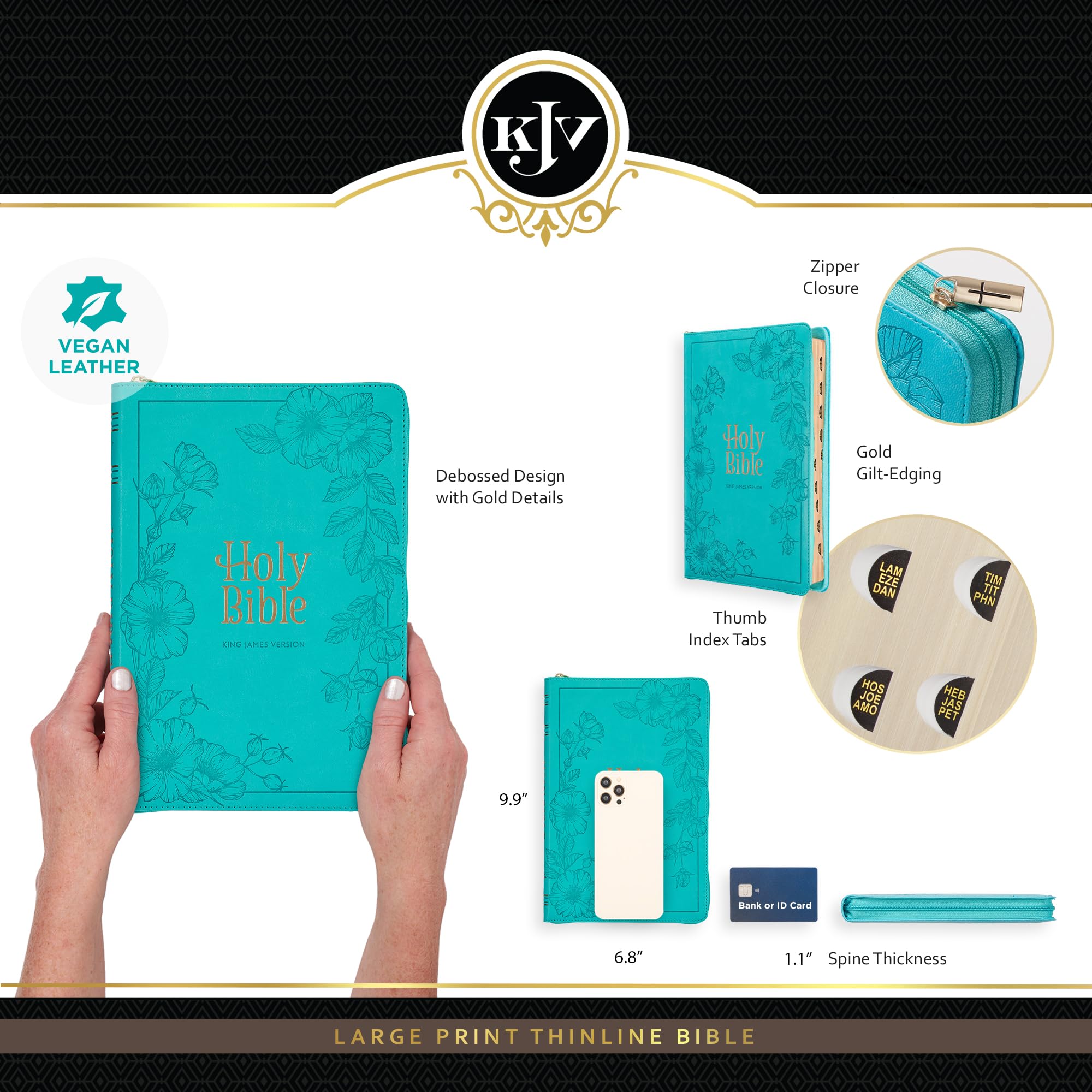 KJV Holy Bible, Thinline Large Print Faux Leather Red Letter Edition Thumb Index, Ribbon Marker, King James Version, Vibrant Teal, Zipper Closure (KJV Thinline LP Editions)