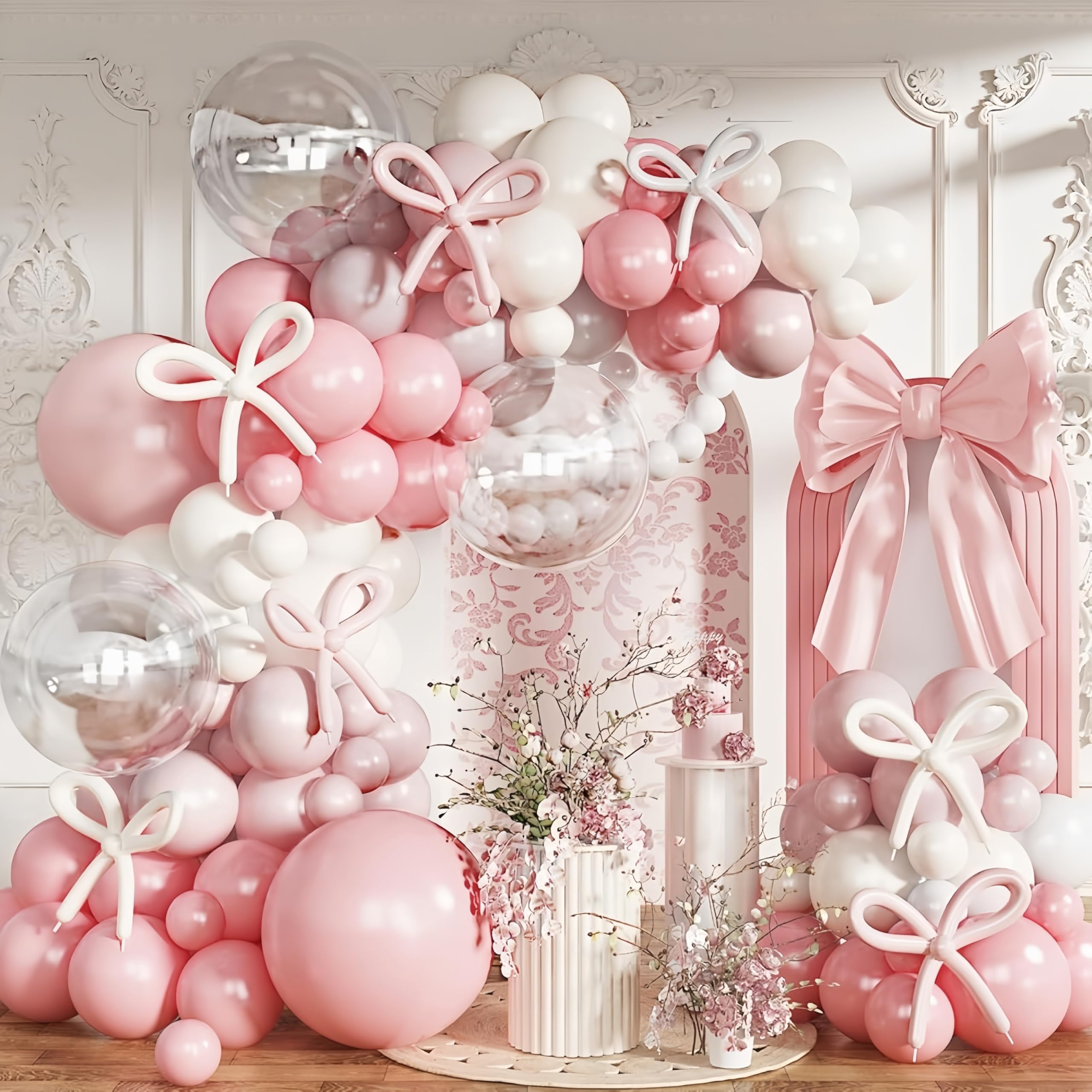 Photo 1 of Pastel Pink and White Coquette Balloons Arch, 134 PCS Light Baby Dusty Pale Pink Bow Balloon Garland mit 18 Inch Clear Balloons *5, Long Balloon as Bow Decor for Girls Just Want To Be One Birthday