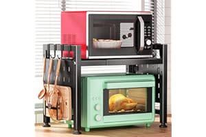 Kitstorack Adjustable Microwave Oven Rack,Microwave Stand Shelf Heavy Duty 2-Tier Shelf with Cutting Boards Stand for Kitchen Shelves Counter Top Organizer, Holds 180lbs,9 Hooks