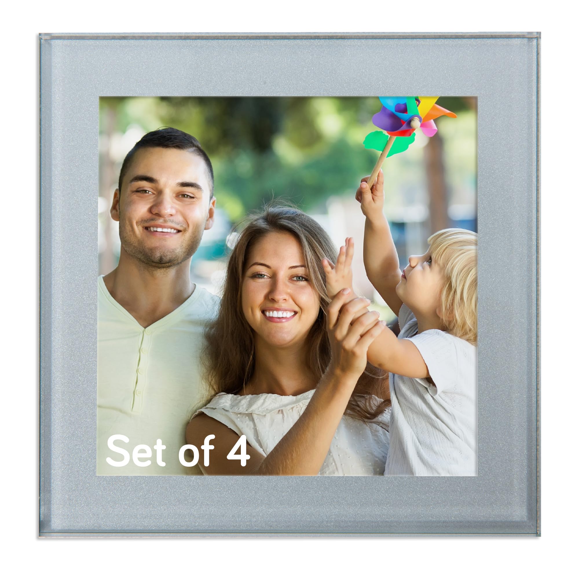 Coasters, Photo Frame 8 x 8 cm (3.1 x 3.1 inch) Coasters Set of 4, Toughened Safety Glass Coaster, Non Slip Personalised Coaster or Home Decor (Silver)