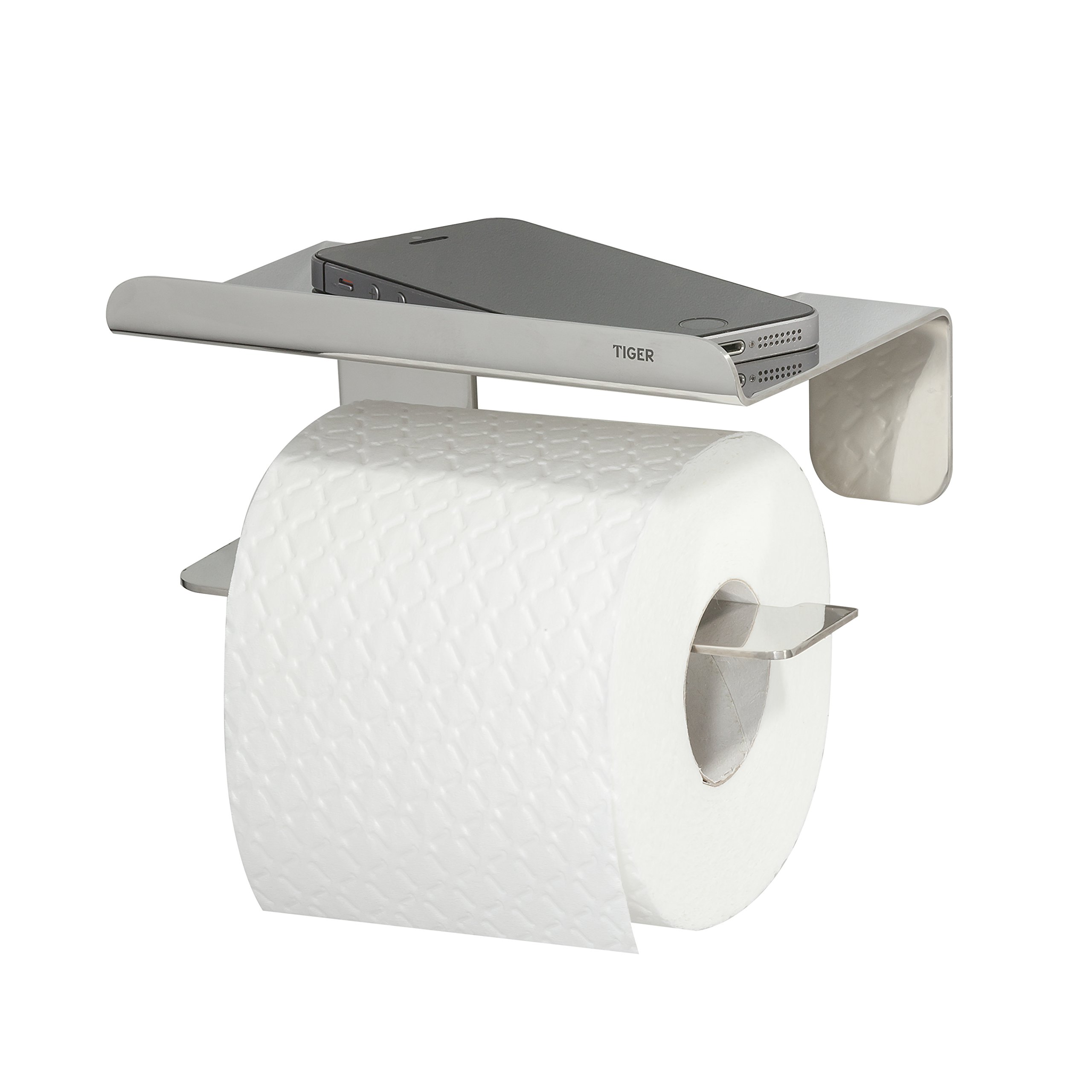 Tiger Colar Toilet Roll Holder with Shelf, Mounting without Drilling, Stainless Steel Polished, 16x7,6x10,3 cm