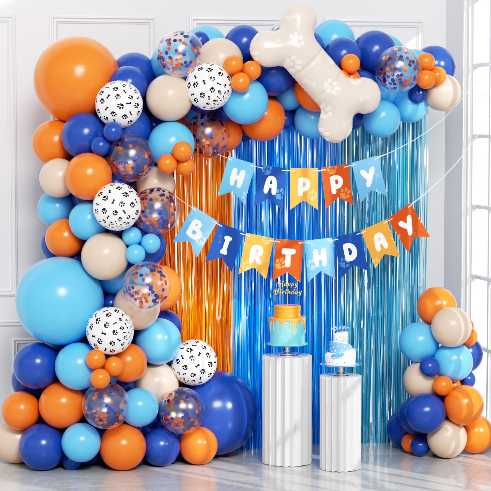 Photo 1 of 129pcs Blue and Orange Balloon Arch Kit, Orange and Blue Balloons with Fringe Curtain Happy Birthday Banner Confetti Paw Print Balloons for Theme Baby Shower Birthday Party Decorations