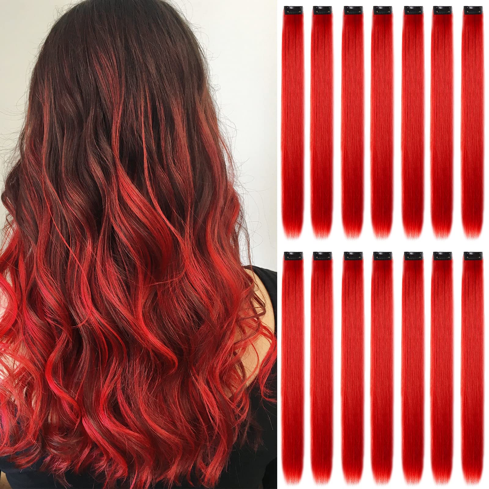 16Pcs Colored Clip in Hair Extensions, 22 Inch Colorful Highlights Hairpieces Straight & Long Heat-Resistant Synthetic Hair Accessories for Kid Girls Women Party Hair Decor (16Pcs-Red)