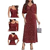 BeryLove Women Sequin Formal Party Dress Sparkly Cocktail Evening Prom Gown Elegant Wedding Dresses with Shawl 0033 Red XL