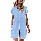 AI'MAGE Womens Bathing Suit Cover Ups Summer Shirt Dress Casual Short Sleeve Button Down Beach Shirts with Pockets S-XXL