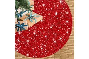 FUHSY Christmas Fall Tree Skirt 21 Inch Diameter Red Velvet Fabric Soft Metallic Tree Cover Mat Glitter Embroidered and Sequined Tree Skirts for Christmas Tree Decorations and Ornaments