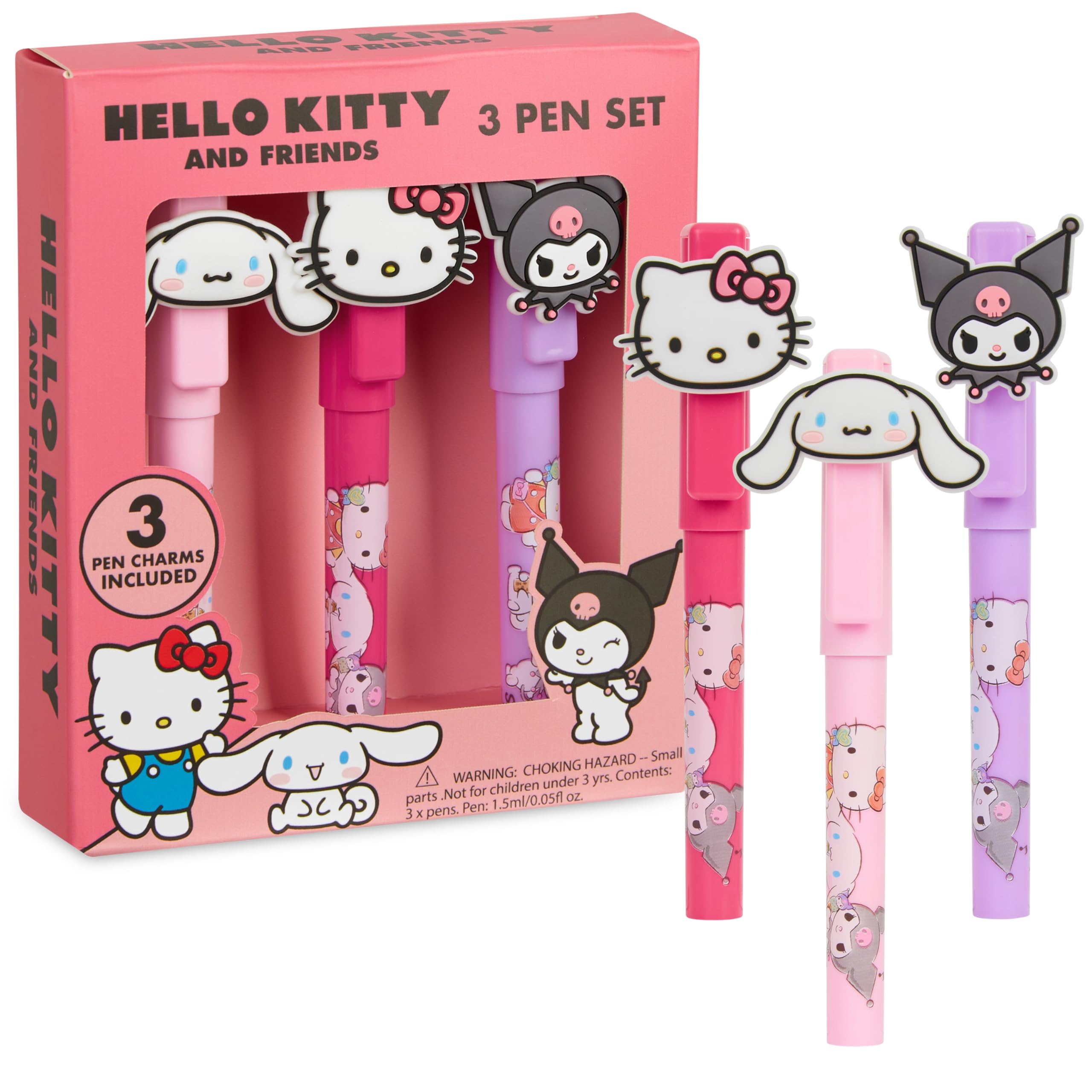 Hello Kitty Ballpoint Pens 3 pcs Writing Pen Set with Cinnamoroll Kuromi Character Toppers Cute Stationery Supplies Anime Gifts