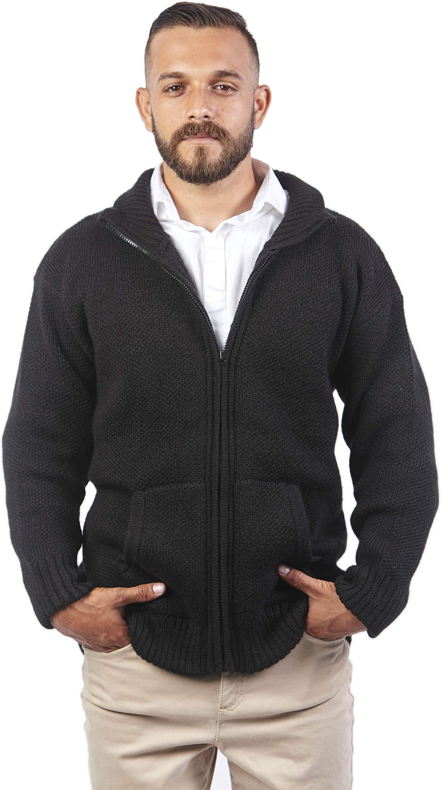 100% Baby Alpaca Wool Knitted Pocket Solid Men´s Jacket Zip Cardigan - Warm, Soft & Thick