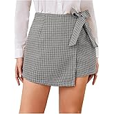 MakeMeChic Women's Plaid Shorts Houndstooth Wrap Front Bow Knot Tie Side Work Office Skort
