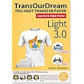 TransOurDream Tru-Heat Transfer Paper for Inkjet &amp; LaserJet Printer (20 Sheets 8.5x11, 3.0) Printable HTV Heat Transfer Vinyl for T Shirts Iron on Transfers for Light Fabrics (TRANS-L3-1-20)