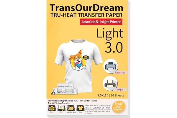 TransOurDream Iron on Heat Transfer Paper for Light T Shirts (20 Sheets 8.5x11", 3.0) Printable HTV Heat Transfer Vinyl for I