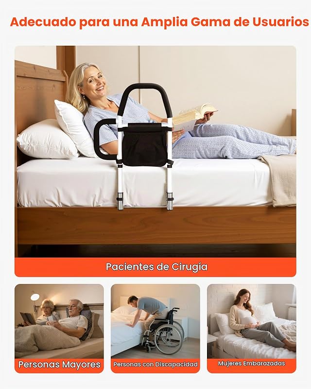 Barandilla de Cama de 610 x 400 x 645 mm, con Asa Lateral y Pasamanos de PU, Tubo de Acero al Carbono para Personas Mayores, Compatible con Camas King, Queen, Matrimoniales e Individuales