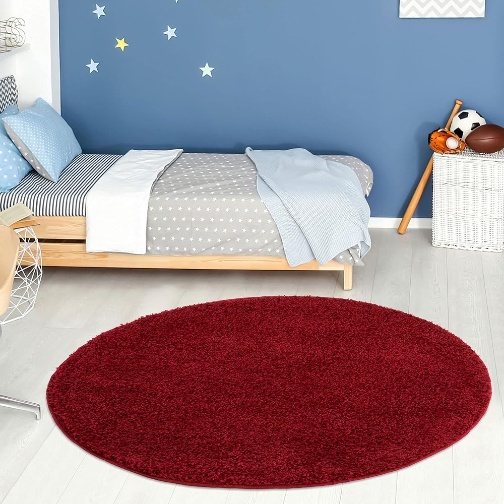 THE RUGS Shaggy Living Room Rug 120 cm Round Red 30 mm Thick 100% Polypropylene