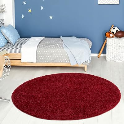 THE RUGS Shaggy Living Room Rug 120 cm Round Red 30 mm Thick 100% Polypropylene