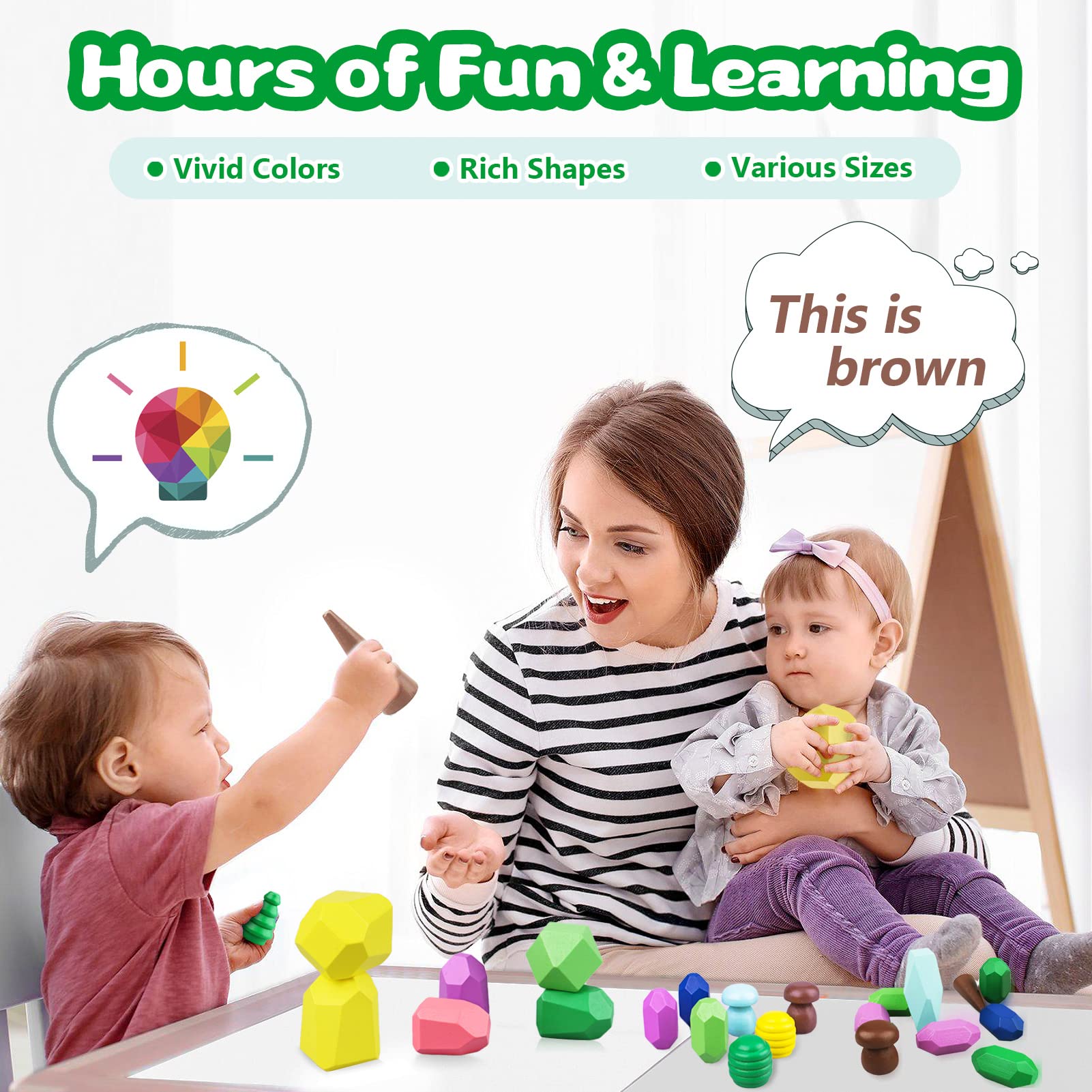 Toys for 3 Year Old Boys Girls, 36 PCS Colorful Wooden Sorting Stacking Rocks for Toddlers 3-4 Montessori Sensory Building Blocks for Kids Ages 4-8, Preschool Learning Activities for Home School