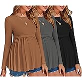 Ekouaer Maternity Shirts 3 Packs Pleated Long Sleeve Tops Tunic Casual Pregnancy Clothes