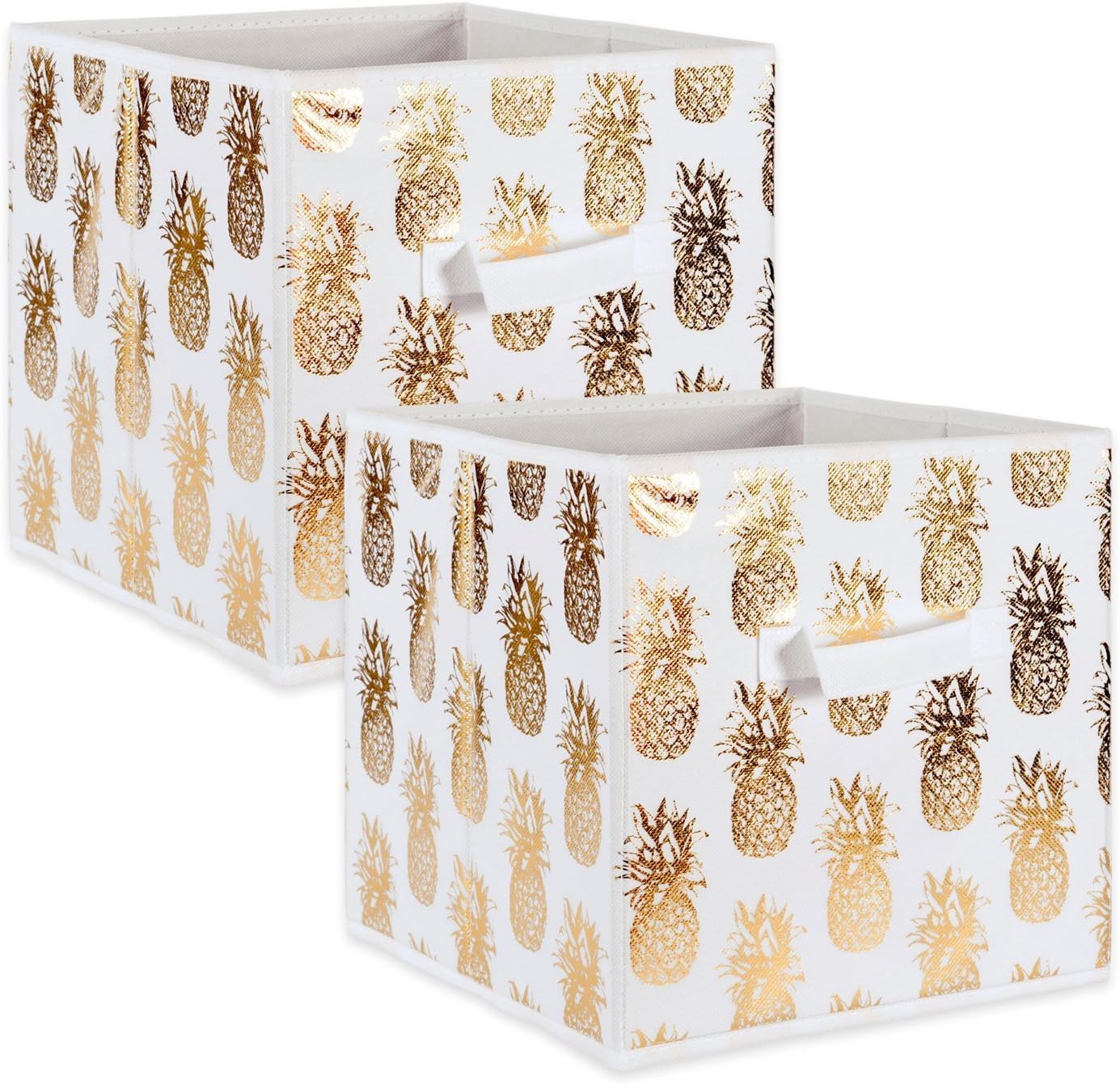 DII Non Woven Polyester Storage Bin, Metallic Pineapple, White & Gold, Large Set of 2