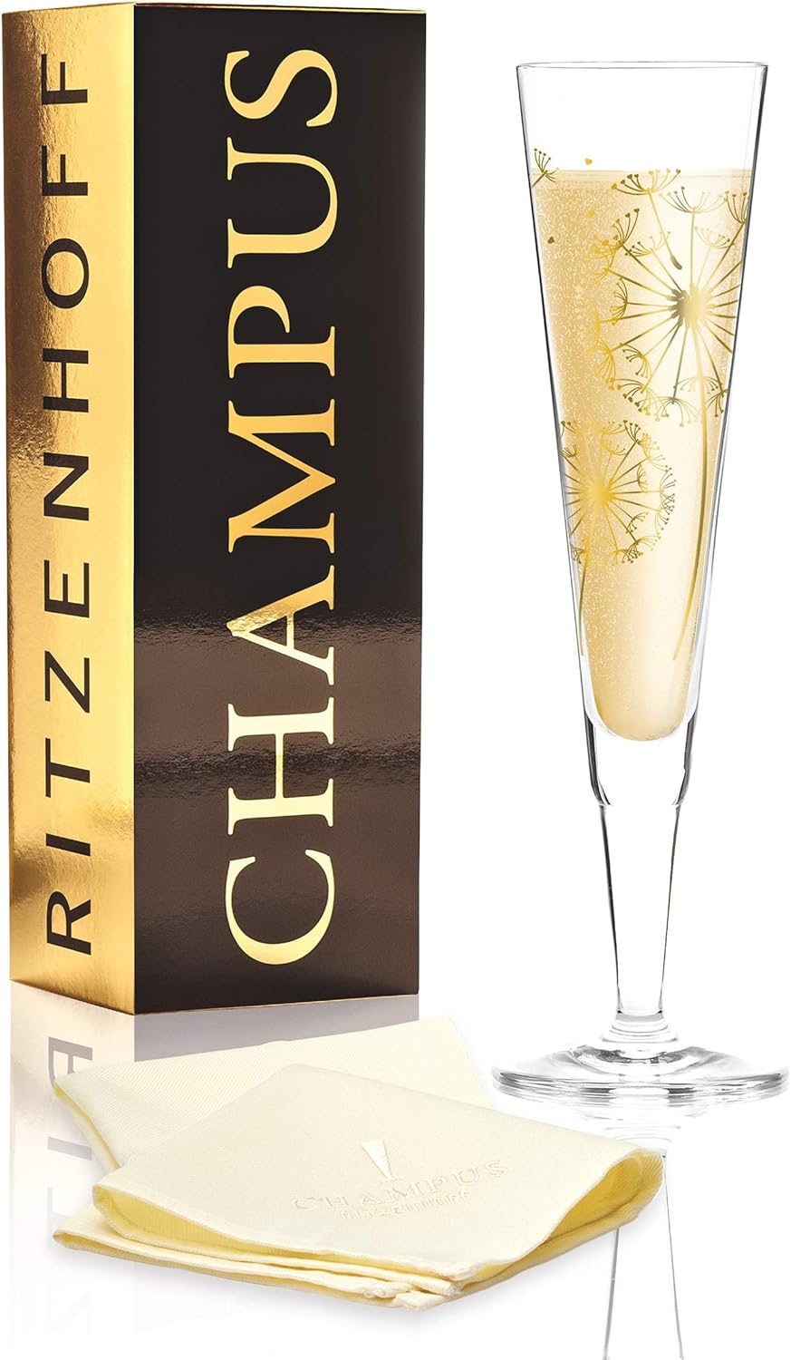 RITZENHOFF Champus Champagnerglas von Andrea Hilles, aus Kristallglas, 200 ml, mit edlen Goldanteilen, inkl. Stoffserviette