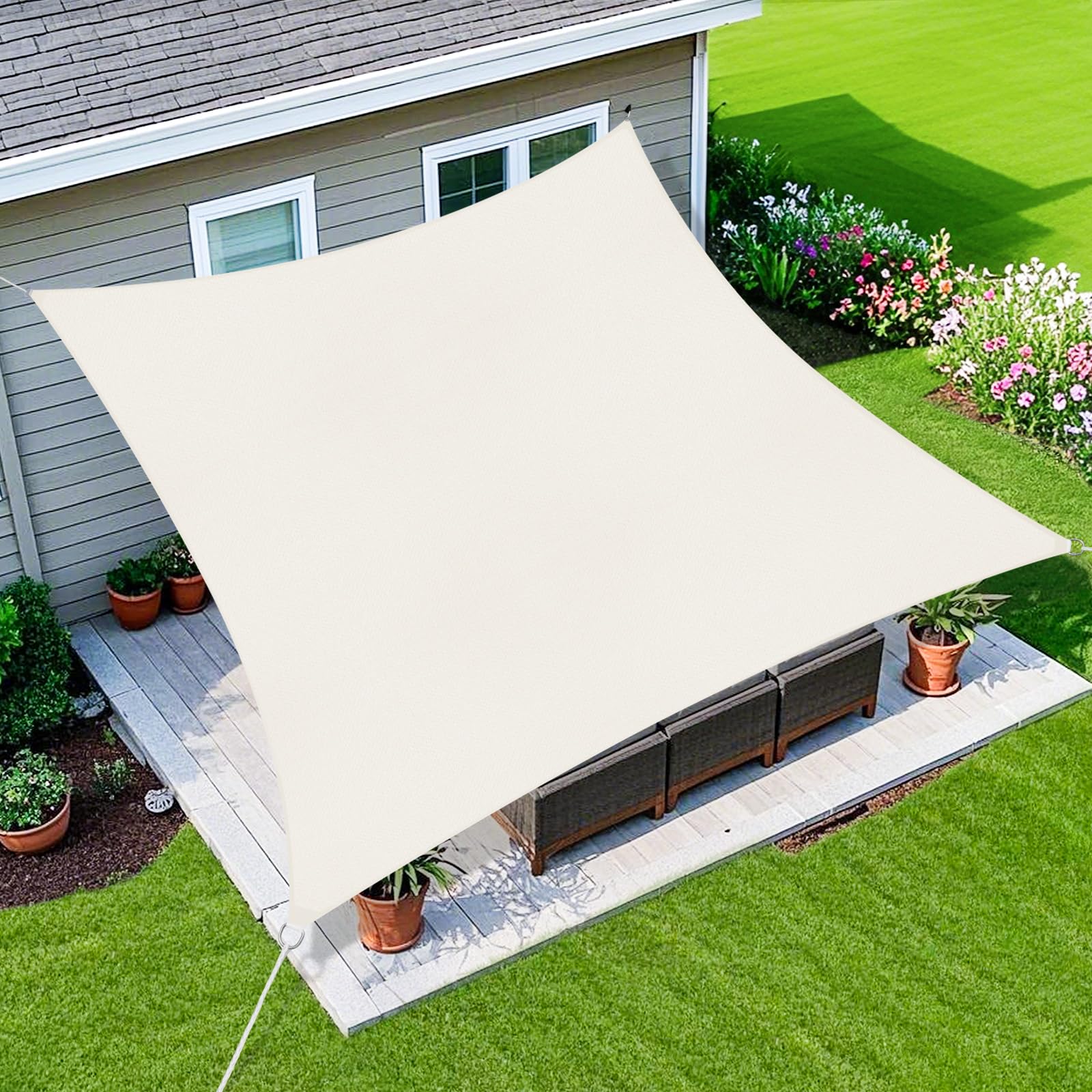 Amagenix Sun Shade Sail 16'X16' Curved Edge Outdoor Shade Canopy Cream Breathable 95% UV Block Shade Cloth for Patio Garden Backyard (We Make Custom Size) Image