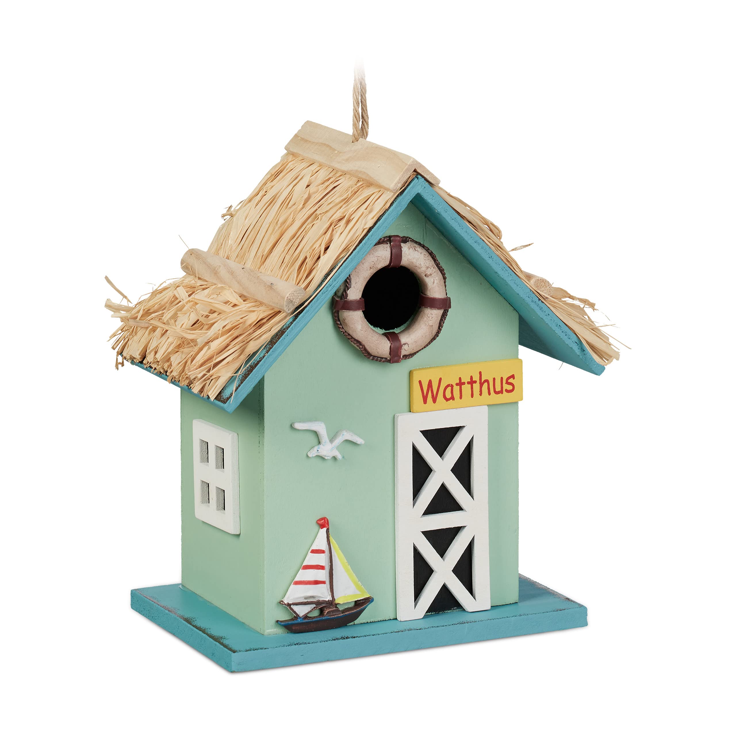Relaxdays Decorative Bird House, Beach House Style, H x W x D: 24.5 x 19 x 13.5 cm, Wood, Colourful