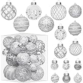 Super Holiday Christmas Ball Ornaments, 33PCS Silver Clear Shatterproof Plastic Foam Ornaments Set for Hanging Xmas Tree Holiday Thanksgiving Party Decor.