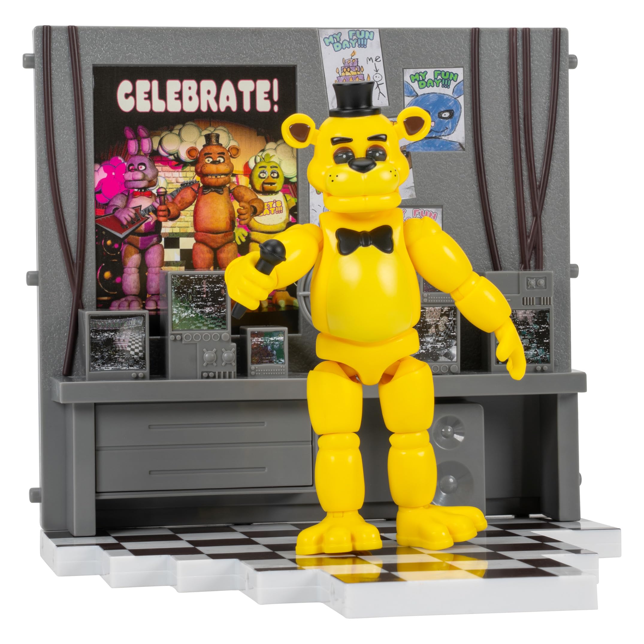 Jazwares Five Nights at Freddy’s Golden Freddy Office Set - 5-Inch Articulated Figure with Jumpscare Feature, Glow-in-The-Dark Eyes, and Optical Diorama