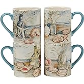 Coastal Landscape 16 oz. Ceramic Mugs – Set of 4 Assorted Beach Designs with Starfish, Shells & Ocean Bottles – Seaside Coffee Cups for Tea, Hot Cocoa, or Gifting – Blue Handle Accent