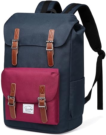 VASCHY Schulrucksack Jugendliche Rucksäcke Lässiger Frauen Rucksack Vintage Rucksack für 15,6 Zoll Laptop (Blauer Wein)