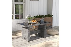 SUNSITT Outdoor Patio Lift Dining Table, Rectangle Patio Coffee Table with Glass Tabletop, Wicker Furniture Multi-Function Dining Table for Backyard, Deck, Garden, Grey