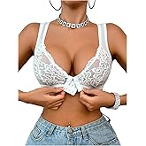 OYOANGLE Women's Floral Lace Front Closure Bra Wide Strap No Padding Wireless Bras Comfortable Bralette