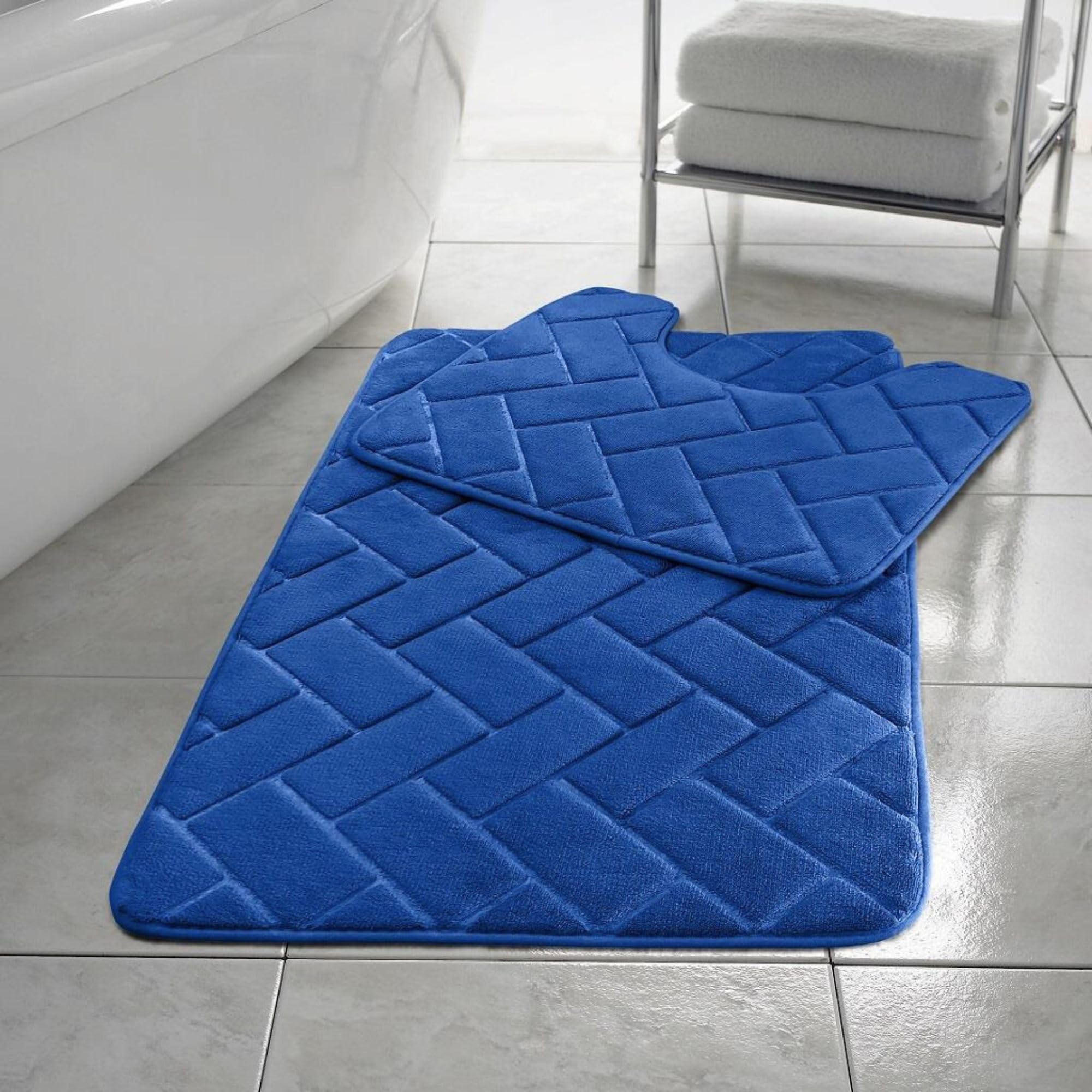 HomeSpace Direct Blocks Non- Slip Memory Foam Bath Mat/Toilet Mat Set Blue