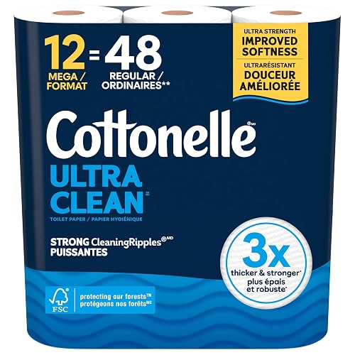Cottonelle Toilet Paper, 12 Mega Rolls = 48 Regular Rolls, Ultra Clean, Strong Bathroom Tissue, 284 Sheets per Roll, Packaging May Vary