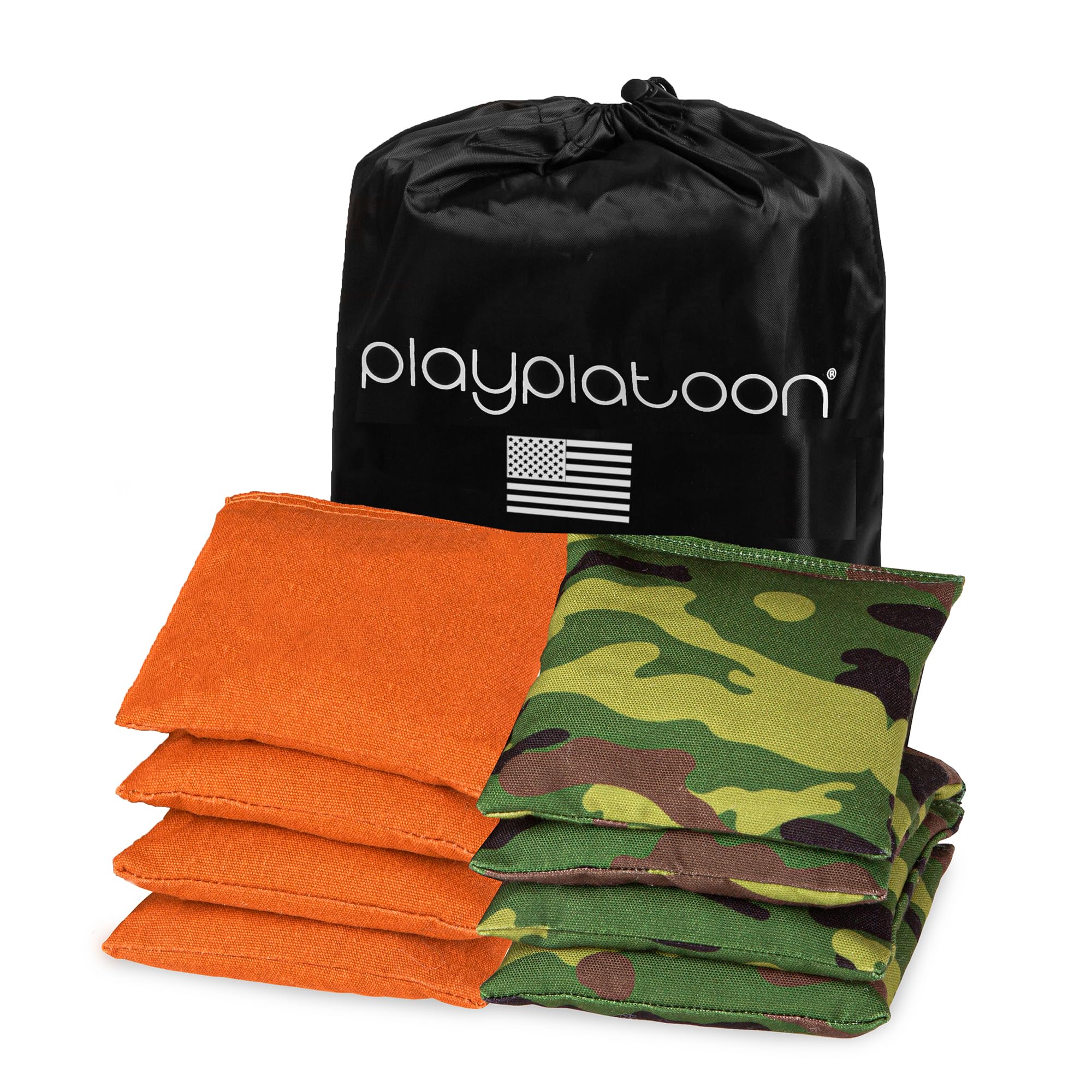 Play Platoon Weather Resistant Cornhole Bags - Set of 8 Regulation Corn Hole Bean Bags - Camo & Orange - Durable Duck Cloth Corn Hole Bag for Tossing Game, Includes Tote Bag