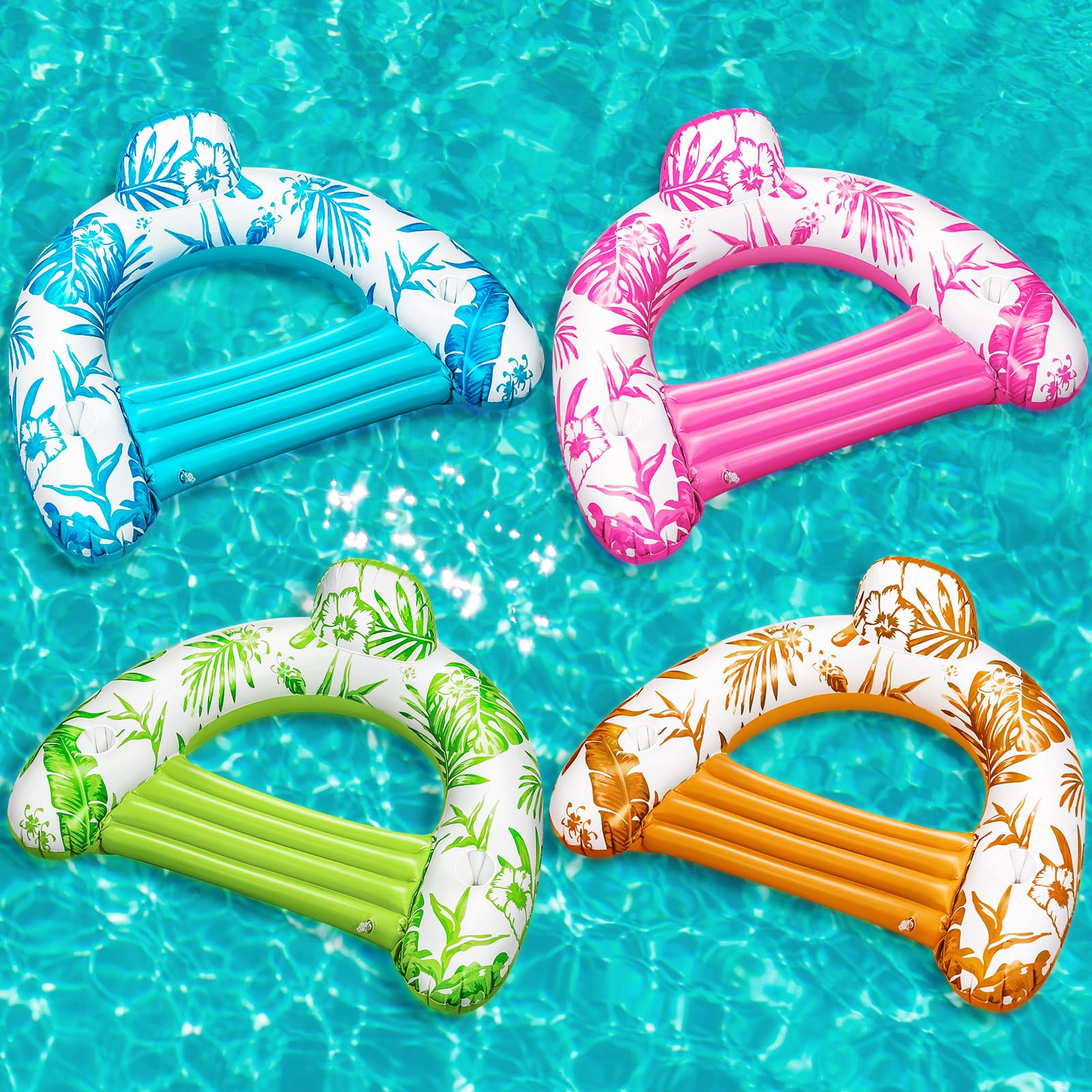 Photo 1 of JellyArch 4 Pcs Hawaiian Pool Float Chair for Adults, Inflatable Water Lounge Floatie with Tropical Print Backrest and Double Cup Holder, Heavy Duty Summer Pool Toys (Bright Style,L)