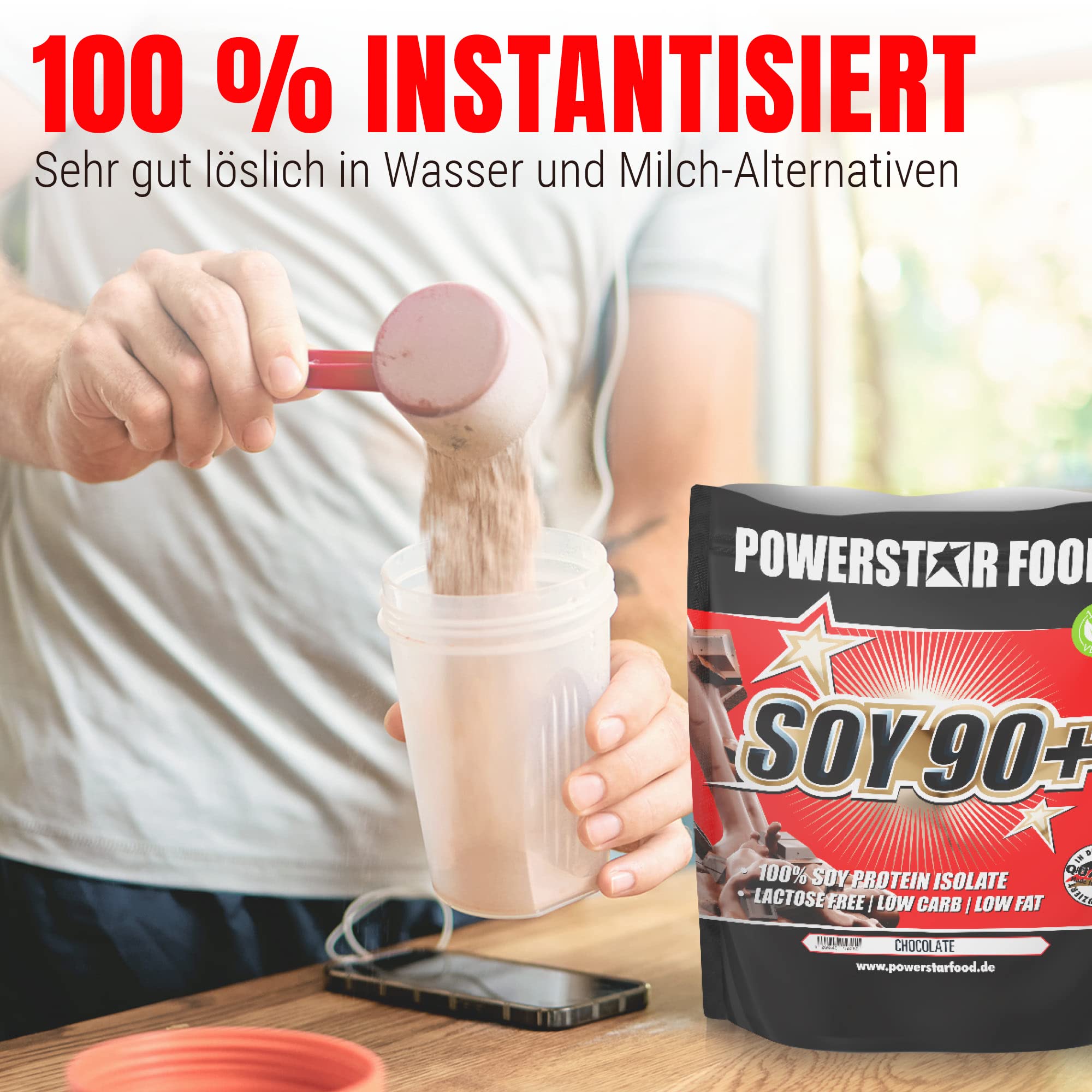 Powerstar SOY 90+ | 1kg Soja-Protein-Isolat ohne Zucker-Zusatz | Made in Germany | Gentechnisch unverändert | 1000g Pflanzliches Eiweiß-Pulver mit 93% Protein i.Tr. | Vegan & laktosefrei | Chocolate 7