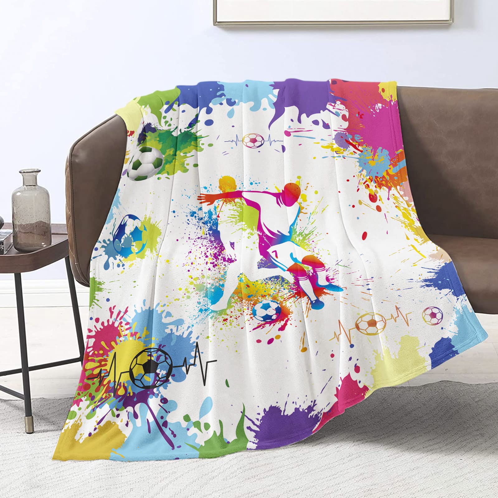 Domgoge Soccer Blanket Adult Kids Football Blankets Ball Throw Tie Dyed Soft Flannel Fleece Gifts for Team Player Sport Fans 3D Printed Couch Sofa, 130cm x 152cm, White
