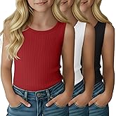 LessonZoo 3 Pack Girl's Tank Top Ribbed Crew Neck Kids Undershirt Sleeveless Casual Layering Top Basic Summer Dance Shirts