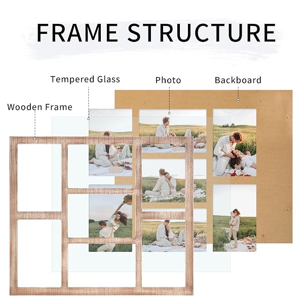 YESKAY 4X6 PICTURE FRAME COLLAGE FOR WALL DECOR, MULTIPLE PHOTO COLLAGE FRAMES WITH TEMPERED GLASS, 7-OPENING FOR 4 X 6 PICTURE FRAMES, RUSTIC BROWN, 1 PACK