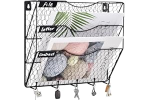 COSYAWN 3 Tier Wall File Holder with Hook, Hanging Mail Organizer Metal Chicken Wire Wall Mount Magazine Rack, Black