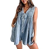 SOMTHRON Women's Casual Sleeveless Denim Romper Tie Front V Neck Summer Jean Overall Shorts With Pockets
