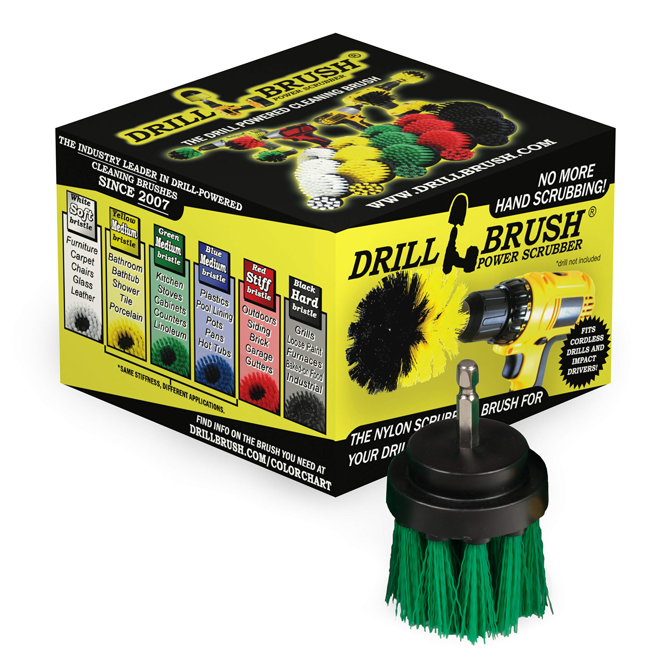 Long Green Bristle 2 Inch Diameter Medium Stiffness Powered Cleaning Drill Attachment Brush for Cordless Drills and Impact Drivers - Used to Clean Kitchen, Cabinet, Counter, and Linoleum by Drillbrush