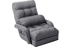 S AFSTAR Indoor Chaise Lounge Sofa, Folding Lazy Sofa Floor Chair with 6-Position Adjustable Backrest & Lumbar Pillow & Armrests, Folding Padded Lounger Bed for Living Room Bedroom (Grey)