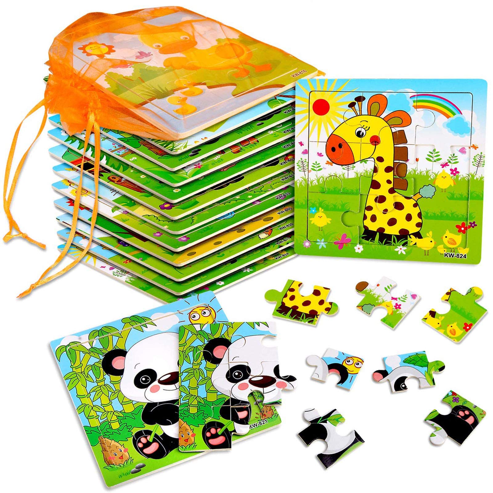 Photo 1 of SANNIX 12 Pack Jigsaw Puzzles for Toddlers Wooden Animals Jigsaw Puzzles 9 pcs with 12 Organize Bags for Kids Ages 2 3 4 5 Preschool Educational Puzzles Learning Travel Toys for Boys and Girls