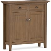 SIMPLIHOME Redmond 36" Cabinet in Rustic Natural Aged Brown | Transitional 2-shelf entryway accent cabinet with drawers and adjustable shelves for organized household storage.