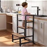 INNOD Kitchen Step Stool for Toddlers, Height Adjustable Toddler Tower with Safety Rail, Steel and Wood Toddler Kitchen Stool