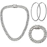 Batiyeer 3 Pcs Cuban Link Chain Necklace Bracelet Rhinestone Hoop Earrings Bling Crystal Hip Hop Jewelry for Women(18 Inch,Steel Black)
